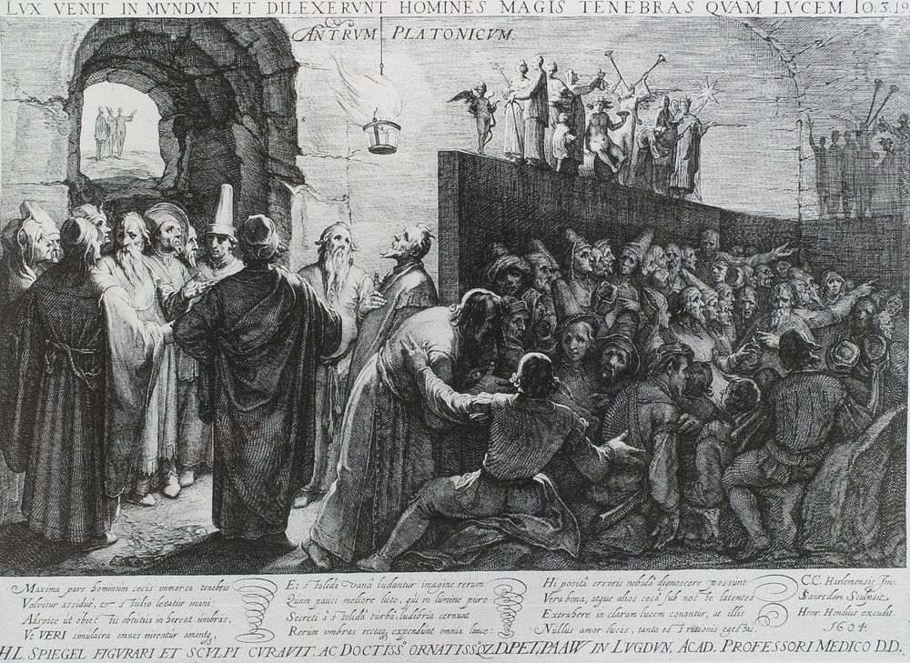 El mito de la caverna en un grabado de Jan Saenredam sobre Cornelis van Haarlem (1604).