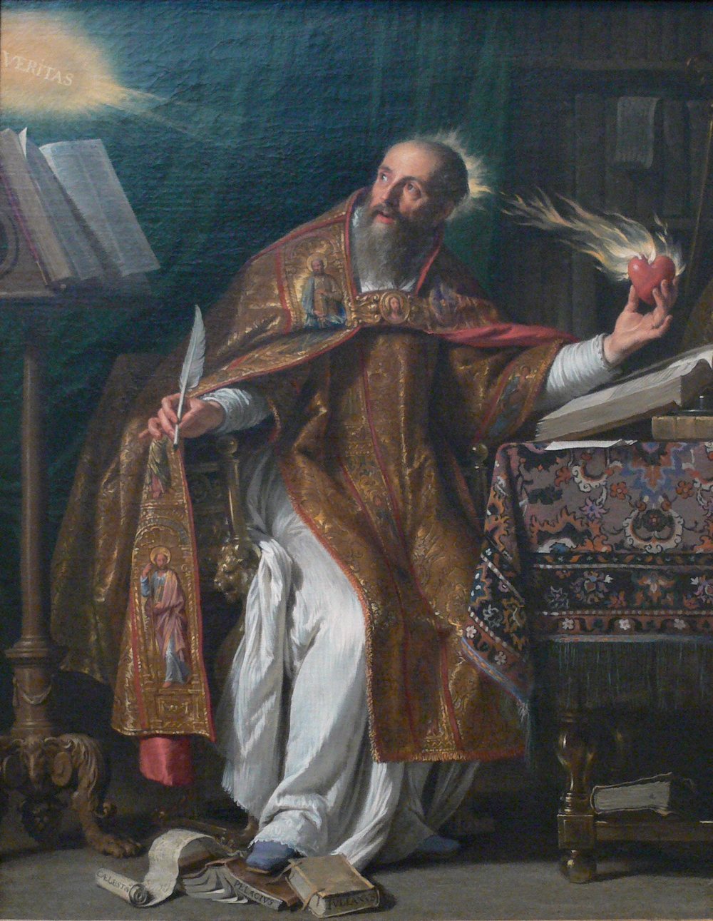 San Agustín, de Philippe de Champaigne (hacia 1645), con el corazón en llamas, símbolo de su amor a Dios. Museo de Arte del Condado de Los Ángeles (LACMA).