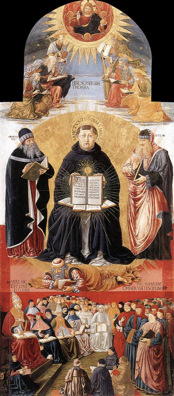 Triunfo de santo Tomás de Aquino, de Benozzo Gozzoli (hacia 1470-1475): Tomás, entre Aristóteles y Platón, con Averroes a sus pies. Museo del Louvre.