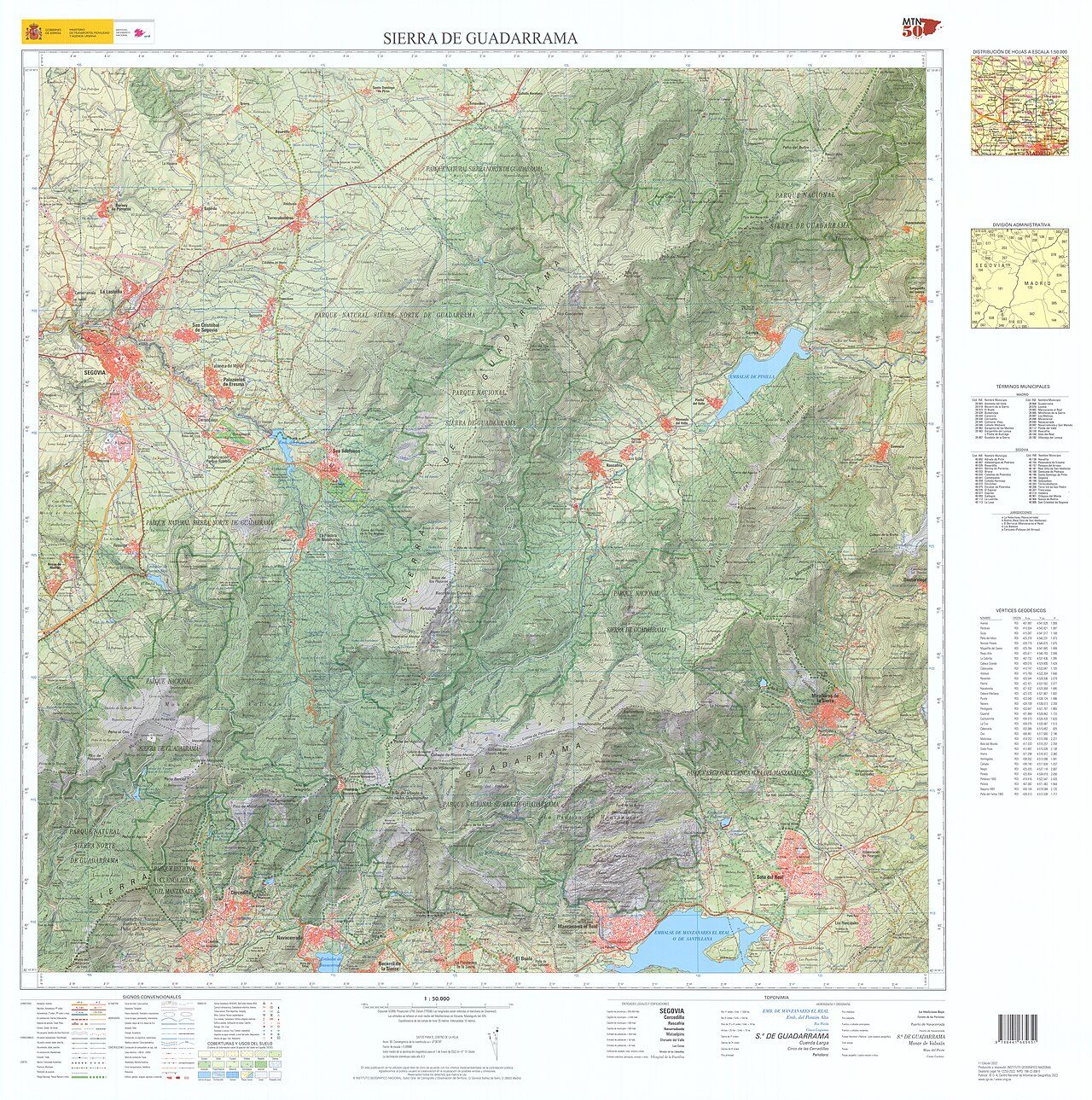 Mapa topográfico de la Sierra de Guadarrama con curvas de nivel, ríos, carreteras y núcleos de población.