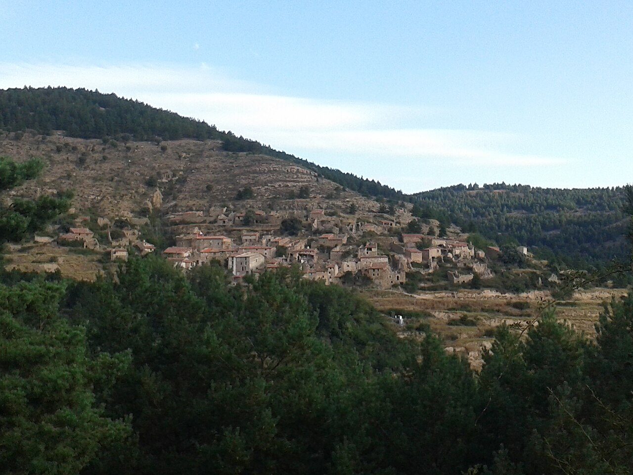 Pueblo de casas de piedra en la ladera de una montaña, rodeado de pinares y de antiguos bancales de cultivo abandonados.