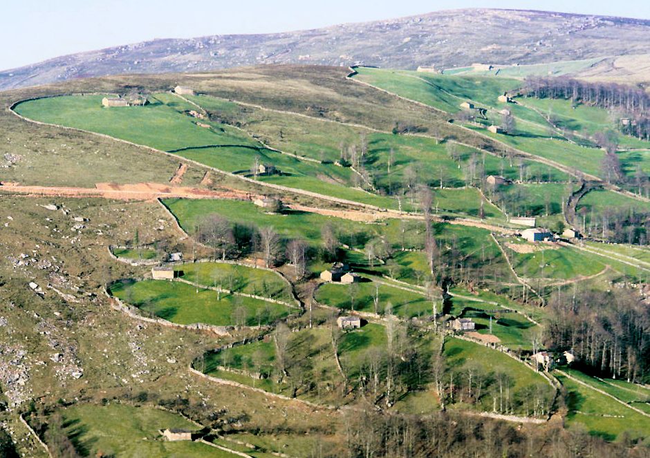 Ladera de montaña cubierta de prados verdes cerrados por muros de piedra y setos, con pequeñas cabañas de piedra dispersas entre ellos y un monte pelado al fondo.