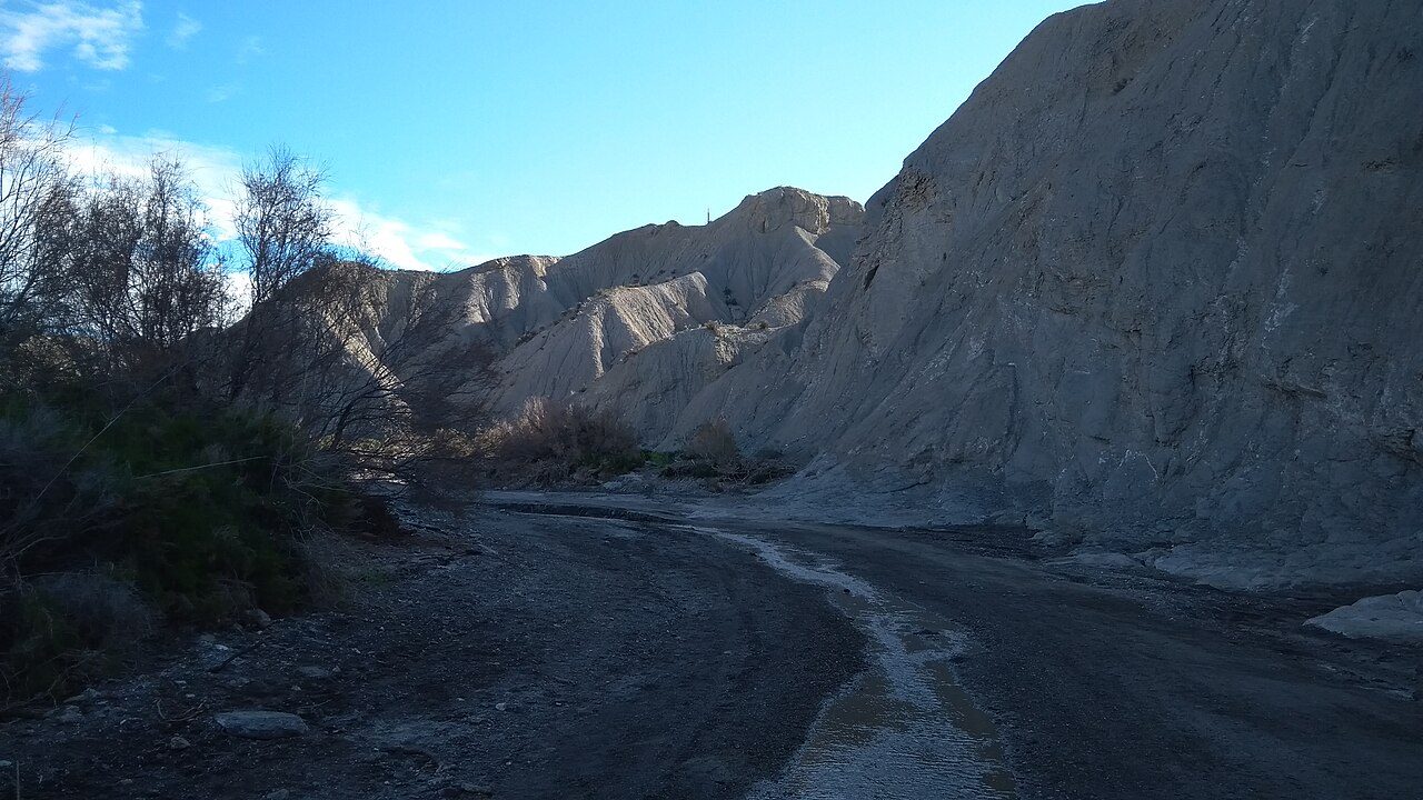 Cauce plano de gravas con un hilo de agua, encajado entre laderas grises de margas erosionadas en cárcavas, con matorral a un lado