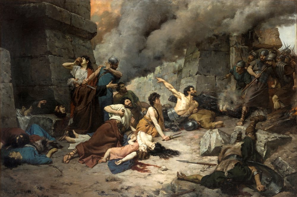 Cuadro con numantinos muertos en primer plano y soldados romanos entrando al fondo