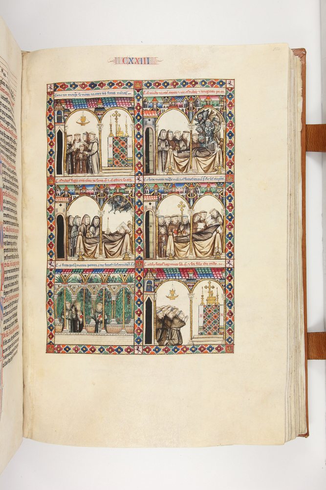 Página de un códice medieval dividida en seis viñetas con escenas de personajes vestidos a la moda del siglo XIII