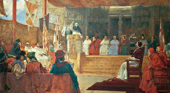 Cuadro de una iglesia abarrotada donde un fraile lee un documento desde un púlpito ante nobles y clérigos