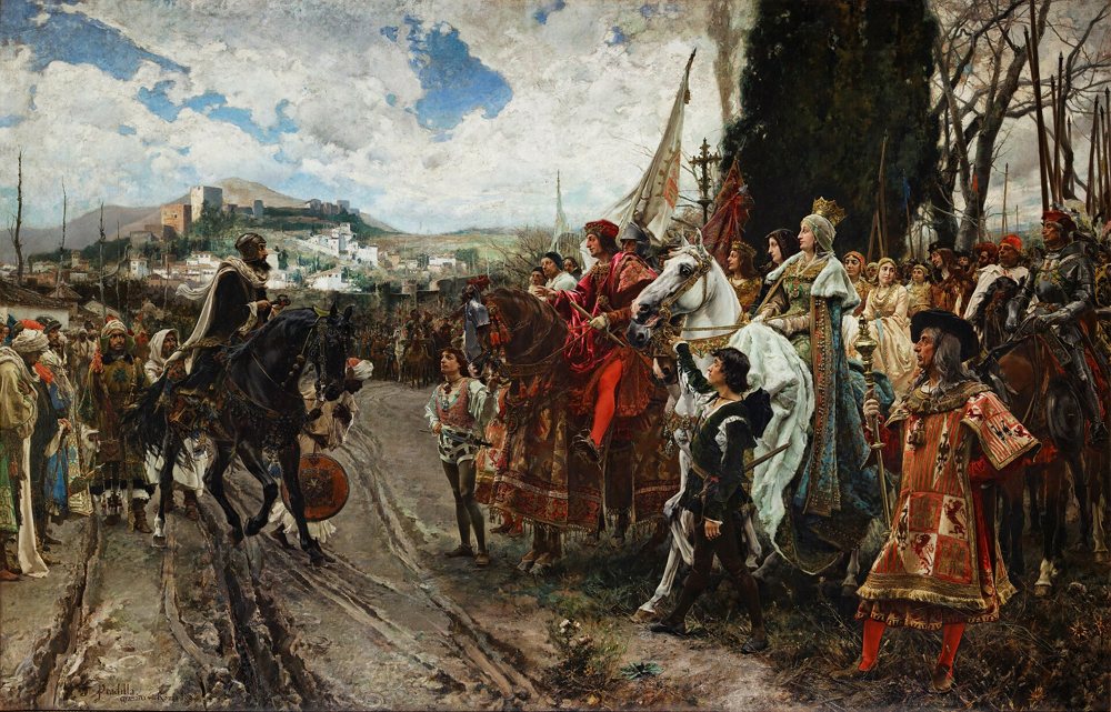 Cuadro con Boabdil a caballo ofreciendo las llaves de Granada a Isabel y Fernando, rodeados de su corte y sus tropas.