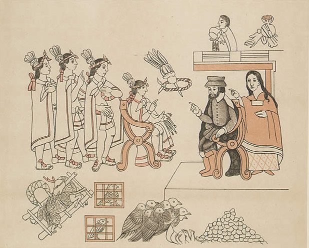 Dibujo indígena en el que Hernán Cortés, sentado, y la Malinche, de pie a su lado, se encuentran con Moctezuma y su séquito.