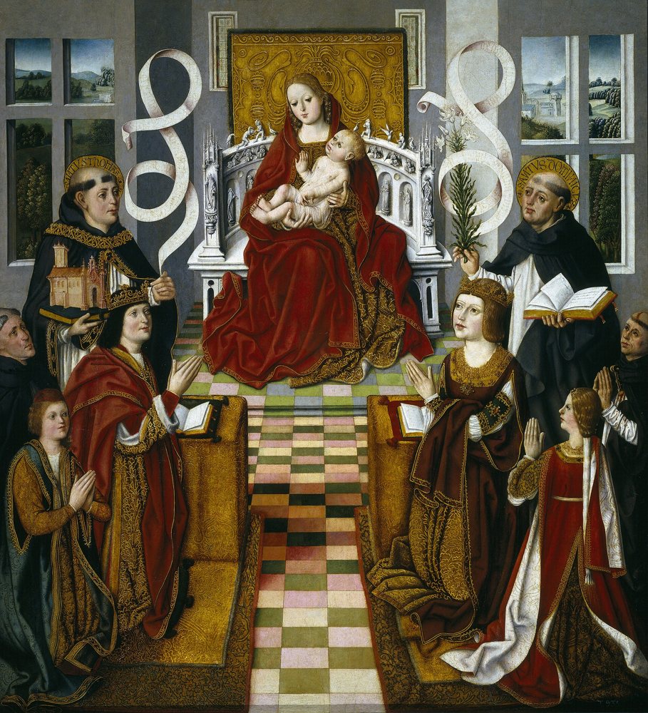 Tabla gótica con la Virgen y el Niño en el trono; a sus pies, arrodillados, el rey Fernando y la reina Isabel con dos de sus hijos y varios santos y frailes dominicos.