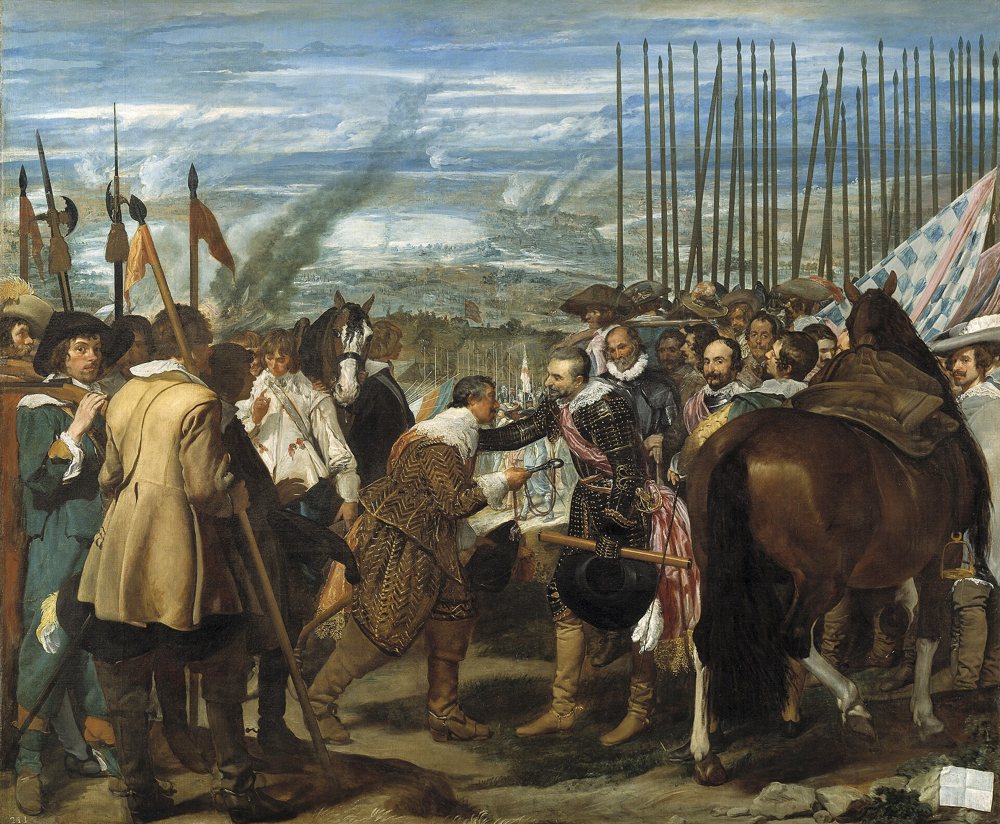 Pintura con dos grupos de soldados frente a frente: el general vencedor apoya la mano en el hombro del vencido, que le entrega una llave; detrás, un bosque de lanzas verticales
