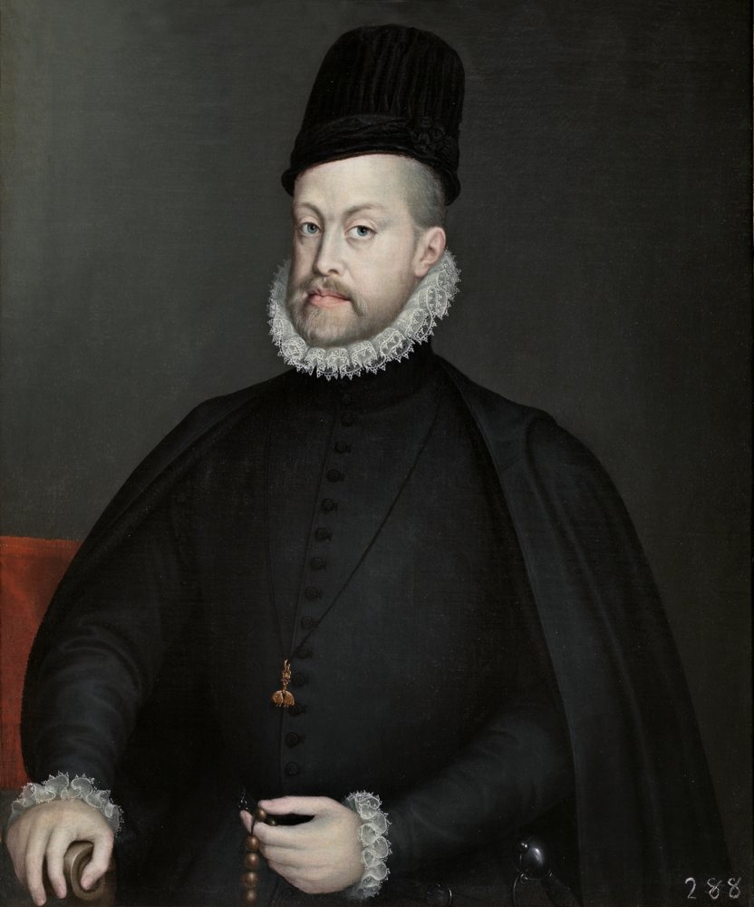 Retrato de medio cuerpo de Felipe II, vestido de negro con gorra, gorguera blanca y el Toisón de Oro al cuello, sosteniendo un rosario