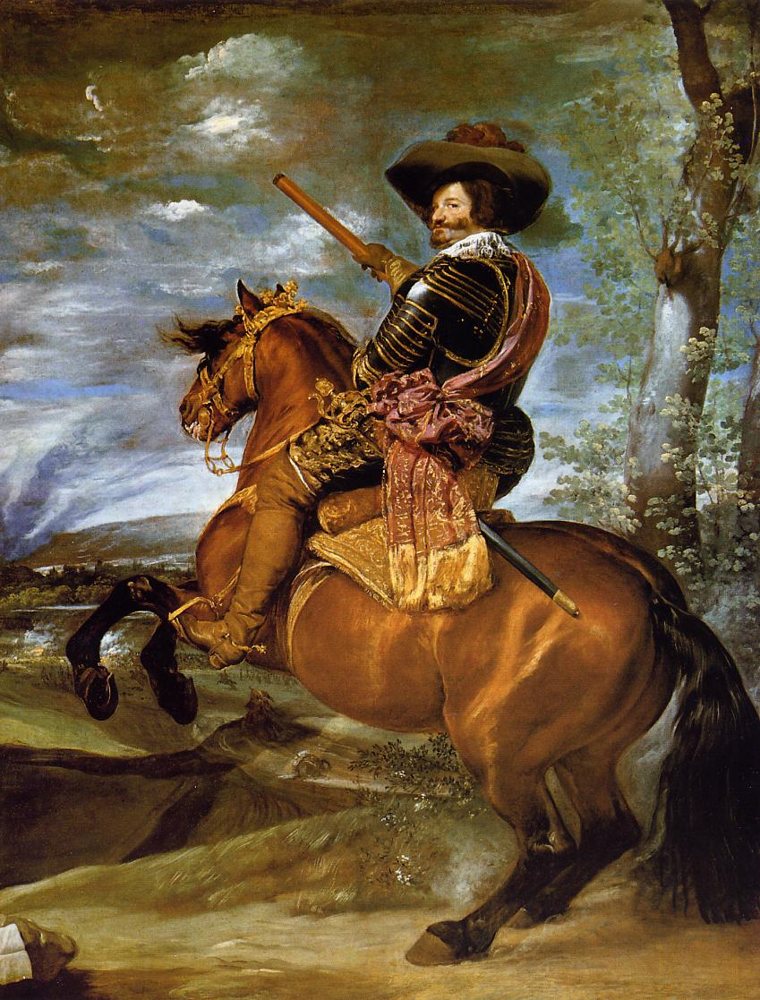 Retrato ecuestre del conde-duque de Olivares con armadura, sombrero y bastón de mando, sobre un caballo encabritado ante un campo de batalla
