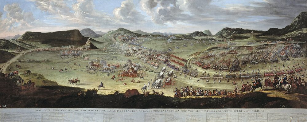 Lienzo panorámico de una batalla del siglo XVIII con infantería, caballería y humo de artillería.