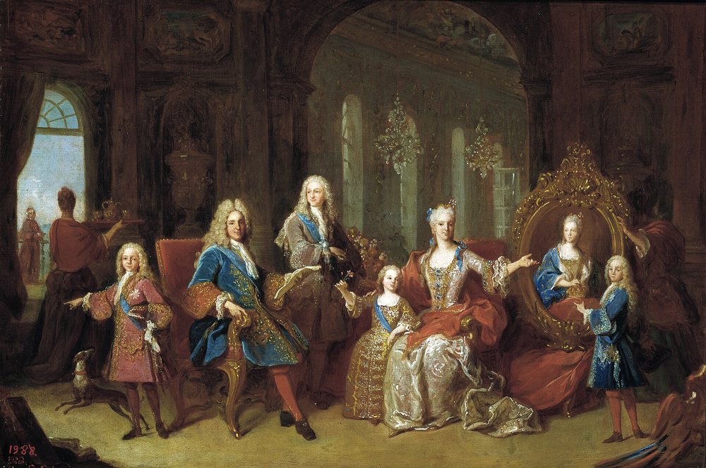 Retrato de grupo de la familia real hacia 1723, con ropas de corte.