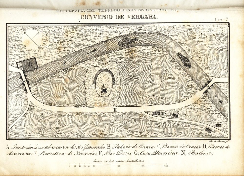 Plano de 1844 del terreno de Vergara donde se celebró el convenio (1839). La letra A marca el punto donde se abrazaron Espartero y Maroto.