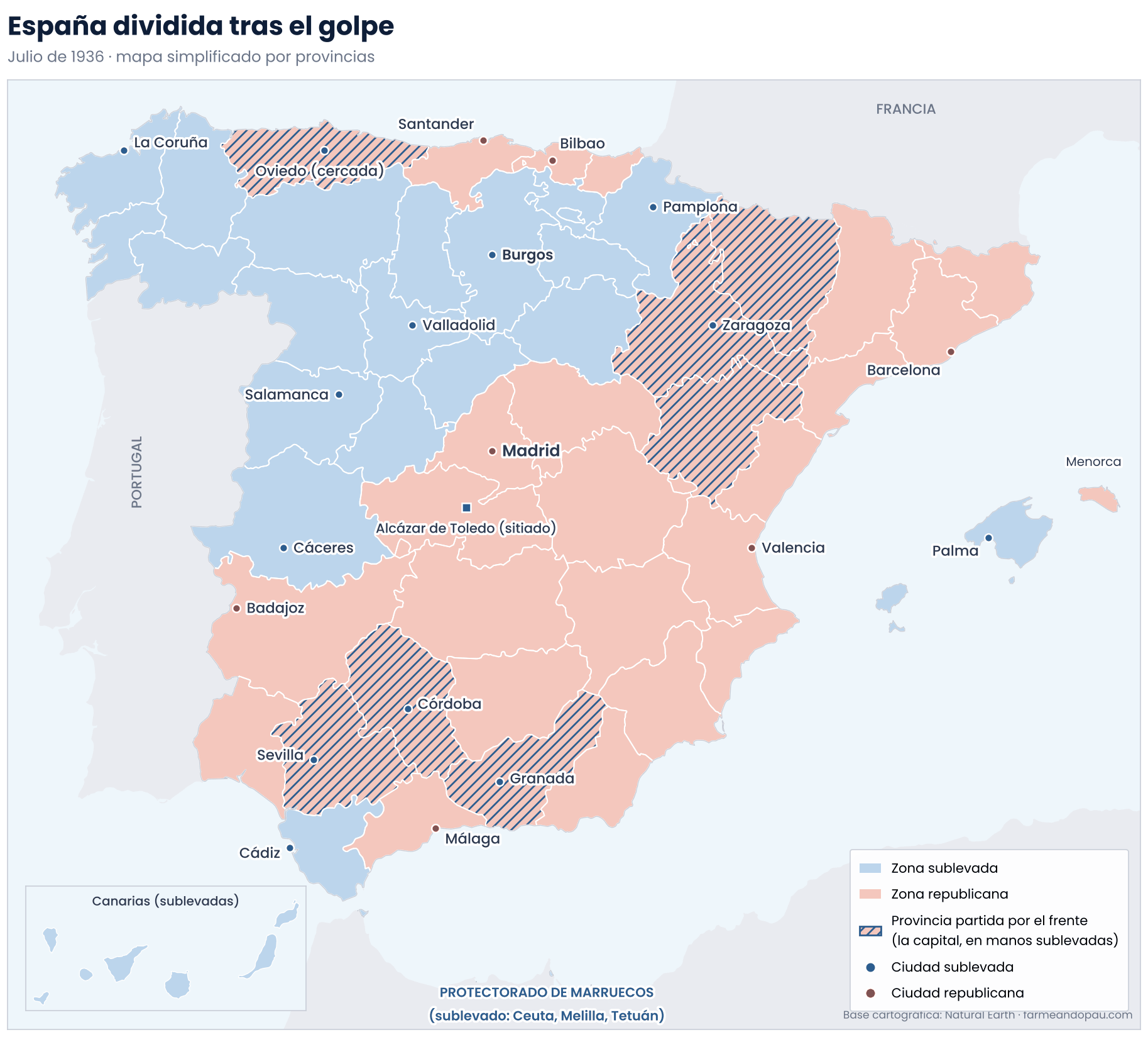 Mapa de España en julio de 1936 con la zona sublevada (oeste y norte), la zona republicana (centro, este y franja cantábrica) y las provincias partidas por el frente.