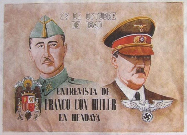 Postal de propaganda de la época sobre la entrevista de Hendaya entre Franco y Hitler (23 de octubre de 1940).