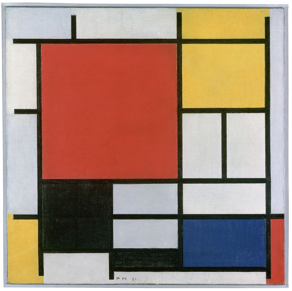 Composición con gran plano rojo, amarillo, negro, gris y azul, Piet Mondrian