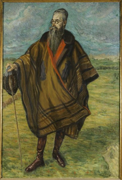 Retrato pintado de Valle-Inclán de cuerpo entero, con gafas, larga barba, una gran capa y bastón, en el campo