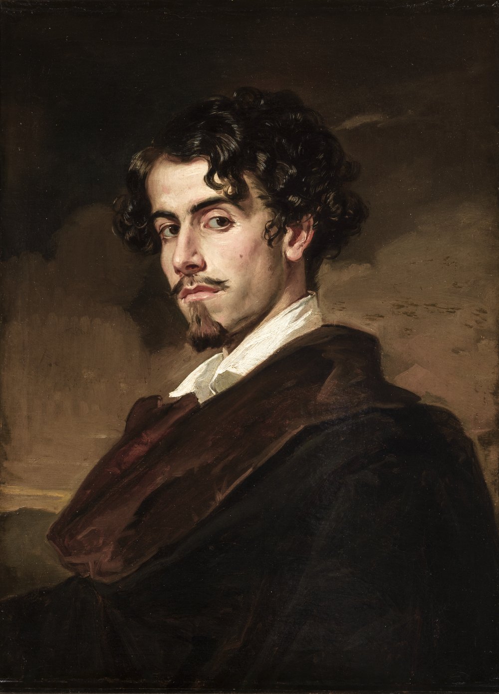 Retrato al óleo de Bécquer, joven, con el pelo oscuro y rizado, bigote, perilla y capa oscura sobre camisa blanca