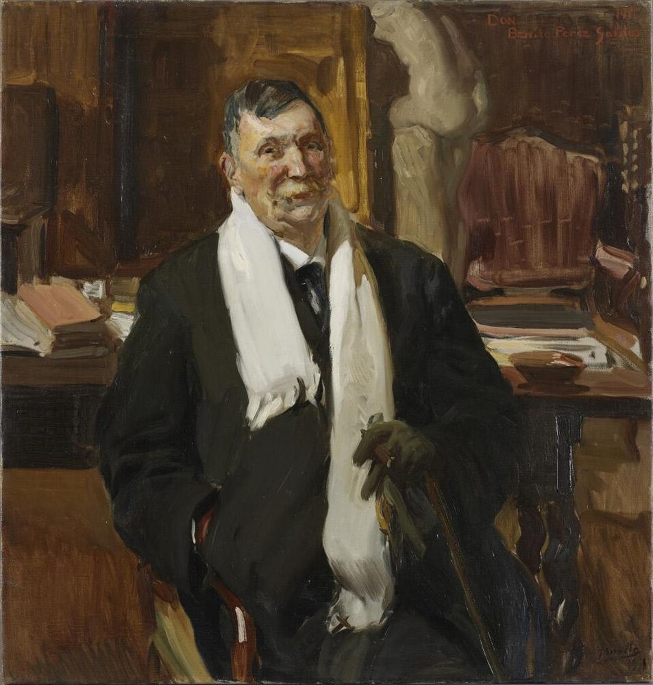 Retrato al óleo de Galdós, ya mayor, sentado en su despacho con traje oscuro, bufanda blanca y bastón