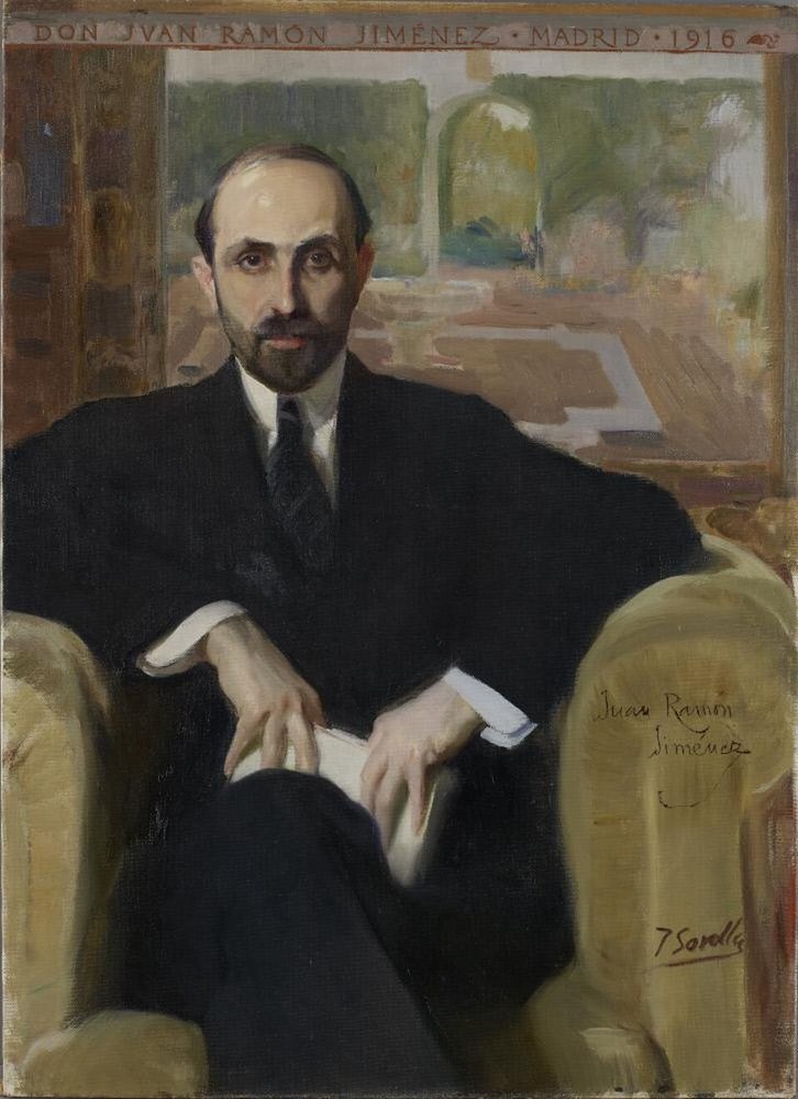 Retrato al óleo de Juan Ramón Jiménez, con barba oscura y traje negro